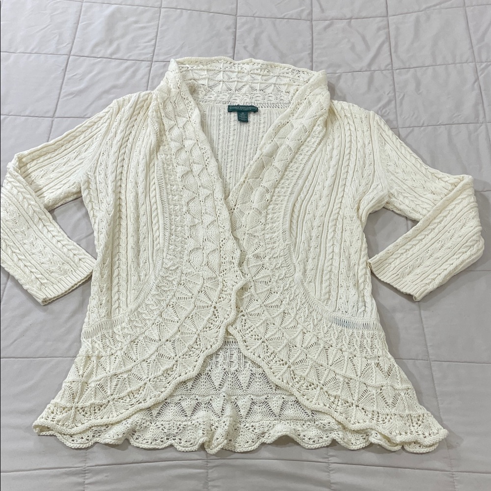 Lauren Jeans Company Size Medium Cream Cotton 3/4 Sleeve Cardigan